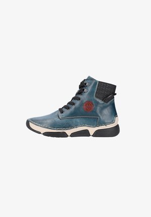 Blue leather ankle boots with black textile ankle support, black laces, white stitching, and black rubber sole. Features a red logo accent.