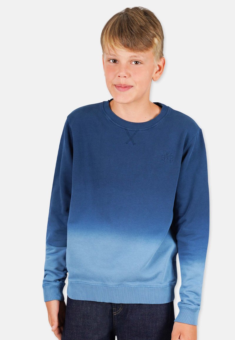 Blå sweatshirt med en ombre-gradiant, mjuk textur, ribbade muddar och krage. Har en liten broderad logga på bröstet.