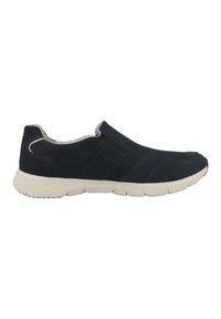 Marine instappers van suede met elastische zijpanelen, een gevoerde crèmekleurige zool en een gladde textuur.