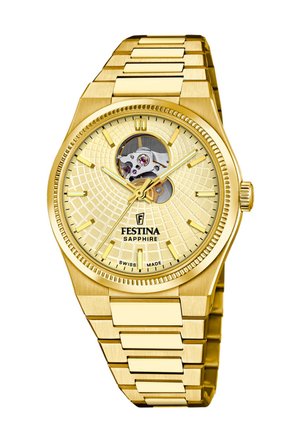 Montre Festina dorée avec un cadran jaune texturé, un design à cœur ouvert, un cristal saphir et un bracelet en métal à maillons.