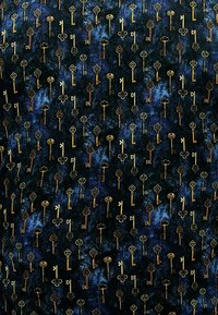 Stof met een herhalend patroon van verschillende gouden sleutels op een donkerblauwe textuur achtergrond, met ingewikkelde ontwerpen op de sleutelkoppen.