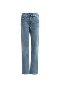 Jasnoniebieskie dżinsy o prostym kroju, pięć kieszeni i subtelne przecieranie. Posiadają standardowe zapięcie na guzik i zamek błyskawiczny oraz detale w postaci przeszyć.
