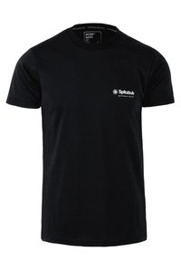 Black short-sleeve t-shirt with small white "Spitzbub Sportwear Edition" logo on the left chest, crew neck design.