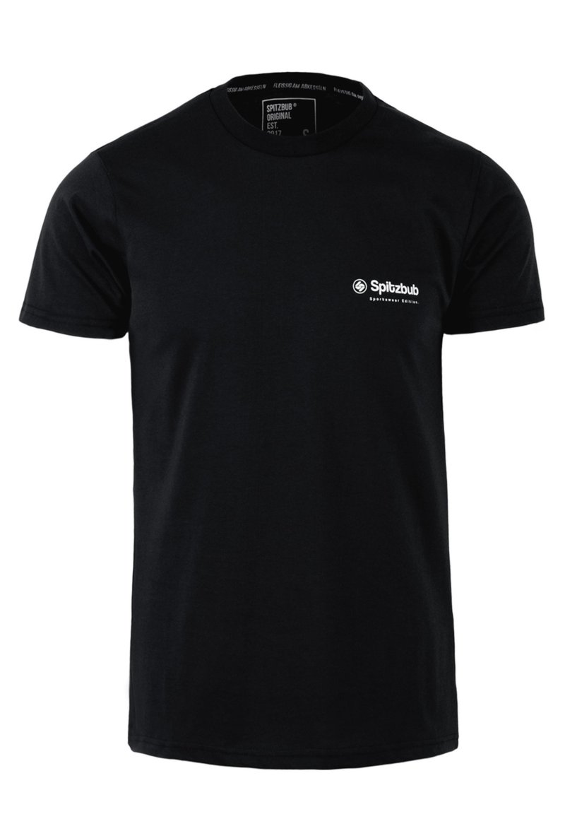 Black short-sleeve t-shirt with small white "Spitzbub Sportwear Edition" logo on the left chest, crew neck design.