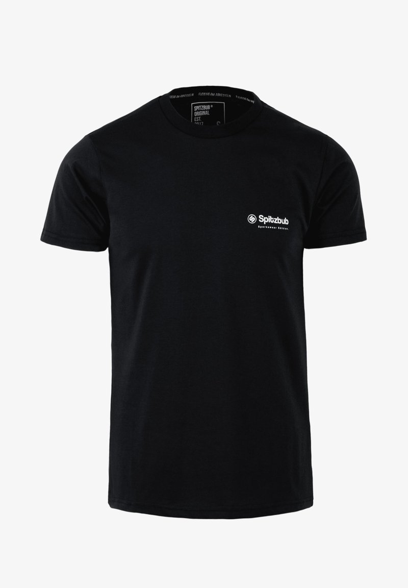 Zwart shirt met korte mouwen en een klein wit "Spitzbub Sportwear Edition" logo op de linkerborst, met een ronde hals.