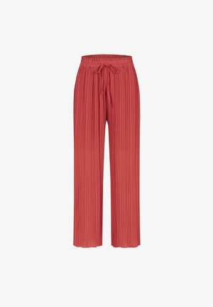 Faltenrockweite Hose aus rostrotem Stoff, mit elastischem Bund und verstellbarem Kordelzug. Glatte Textur mit lockerer Passform.