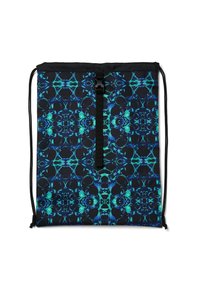Drawstring backpack with a geometric blue and green pattern on a black background, featuring a central strip and black cord straps.