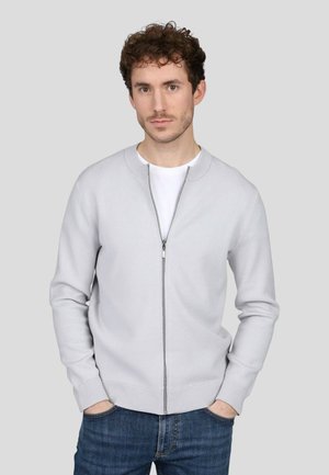 Pull gris zippé avec un col rond, des poignets et un ourlet côtelés. Porté par-dessus un T-shirt blanc, associé à un jean foncé.