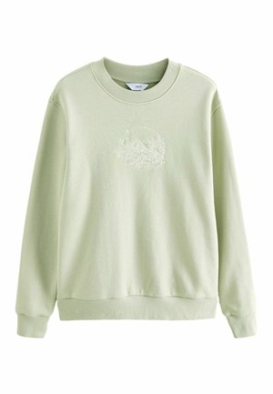 Light green sweatshirt with a soft texture, ribbed cuffs and collar, featuring subtle embroidered design on the front.