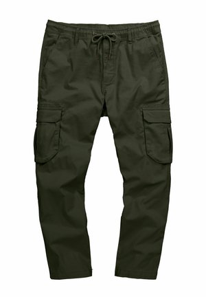 Olivengrüne Cargo-Shorts aus Baumwolle. Mit einem elastischen Bund mit Kordelzug, zwei Seitentaschen und zwei Cargo-Taschen.