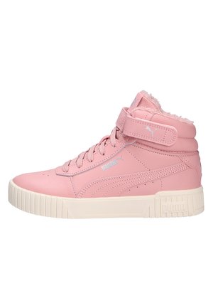Roze hoge sneakers van glad leer, met een gevoerde kraag, vetersluiting, verstelbare band en geblokte rubberen zool.