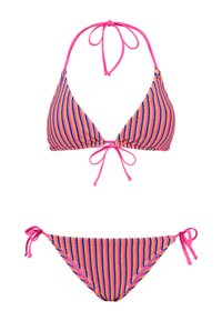 Bikini komplektas, kuriame yra trikampio formos viršus ir šonai susirišantys maudymosi kostiumėlio apatiniai, pagaminti iš švelnios medžiagos su vertikaliomis rožinėmis, oranžinėmis ir mėlynomis juostelėmis.