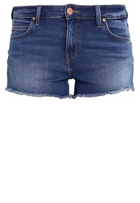 Shorts de mezclilla en azul oscuro con dobladillo deshilachado. Incluye cinco bolsillos, un botón en la parte delantera y costuras en contraste. Ajuste recto clásico.