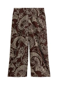 Pantalons larges marron avec un motif paisley blanc, fabriqués en tissu léger avec une texture lisse. Pas de matériel ou de fermetures visibles.