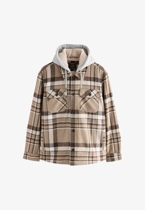 Bruine en crèmekleurige geruite flanellen shirtjack met een grijze hoodie, knoopsluiting aan de voorkant, twee borstzakken en een zachte textuur.