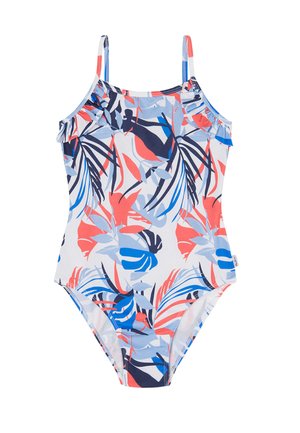 Bañador de una pieza con tirantes ajustables, con un patrón floral en rojo, azul y gris sobre un fondo blanco, con acentos de volantes.