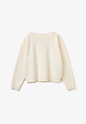 Jersey de punto color crema con mangas largas, puños, bajo y cuello de canalé, mostrado plano sobre fondo blanco.