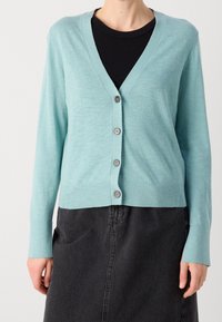Light blue cardigan with a v-neck, front button closure, and long sleeves; made of soft, textured fabric. Worn over a black top.