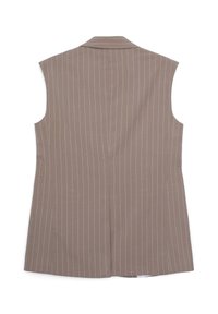 Gilet senza maniche in tessuto marrone con righe verticali azzurro chiaro, dotato di colletto a revers e fessure laterali nell'orlo.