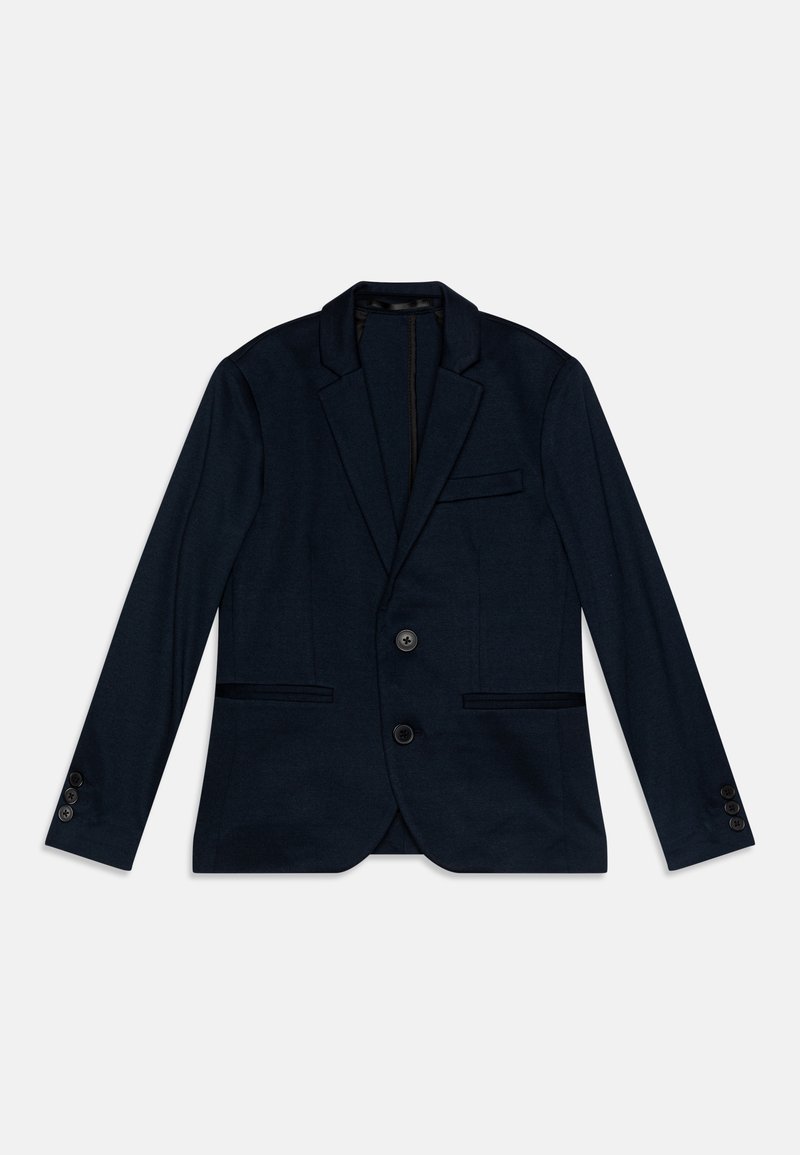 Σκούρο ναυτικό σακάκι, μονόπετο σχέδιο, δύο μπροστινές τσέπες, όρθιο πέτο, κλείσιμο με τρία κουμπιά, φτιαγμένο από υφή υφάσματος, ελαφρύ.