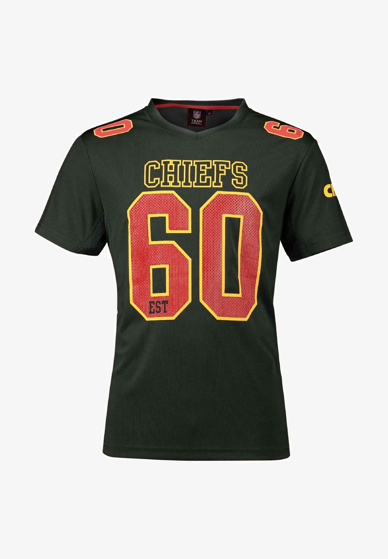 Green short-sleeve jersey featuring "CHIEFS" in yellow, with large red number "60" and "EST" detail. Made from breathable fabric.
