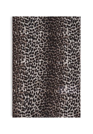 Leopard print textile featuring a glossy finish, predominantly brown and beige, with varying spots and textures throughout the surface.
