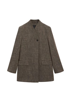 Brauner Blazer mit Struktur, ein-Knopf-Verschluss, asymmetrisch vorne, Pattentaschen, lange Ärmel und kragenloser Ausschnitt.