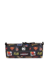 Pencil case with black fabric, featuring comic book character prints including Superman and Flash. Includes logos of DC and Eastpak.