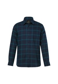 Mörkblå långärmad skjorta med rutmönster i teal. Har en spetsig krage, knappfront och en enskild bröstficka. Mjuk tygstruktur.