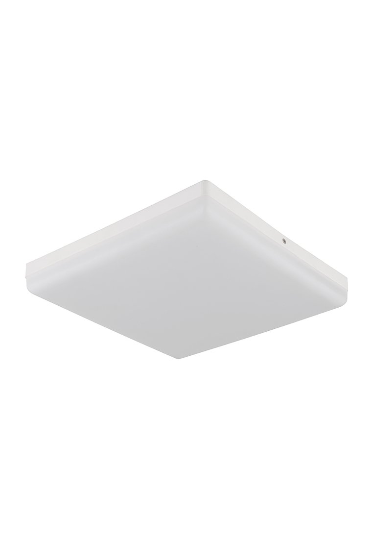 LED stropní svítidlo se čtvercovým tvarem, bílým plastovým krytem a hladkým matným povrchem. Má jedno montážní místo pro instalaci.