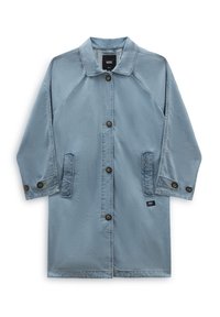 Vaaleansininen farkkutakki, jossa kaulus, nappikiinnitys edessä, kaksi sivutaskua ja raglanhihat. Helmassa pieni brändimerkki.