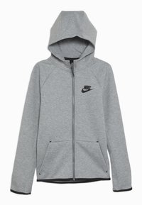 Grå zip-up hoodie tillverkad av ett lätt tyg, med huva, långa ärmar, sidofickor och en svart Nike-logotyp på bröstet.