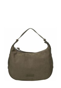 Olivengrüne Handtasche mit geschwungenem Design, aus einem glatten Textilmaterial hergestellt. Verfügt über einen einzelnen Schulterriemen und einen Reißverschlussverschluss.