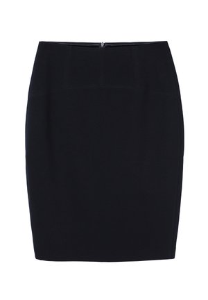 Melna zīmuļsvārki no gludas auduma, ar aizmugurējo rāvējslēdzēju un vienkāršām, tīrām līnijām bez papildu rakstiem vai akcentiem.