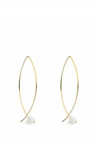 Pendientes de metal color oro con un diseño en forma de hoja, con un acento de perla metálica en la parte inferior. Textura suave y estilo minimalista.