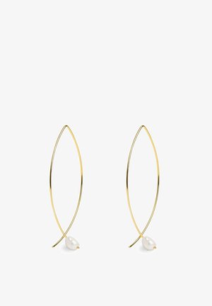 Boucles d'oreilles en métal doré avec un design en forme de feuille, ornées d'une perle métallique en bas. Texture lisse et style minimaliste.