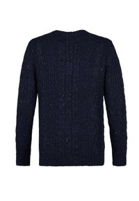 Pulover tricotat de culoare bleumarin, cu un model cablat texturat, mâneci lungi și decolteu rotund. Materialul pare gros și călduros, cu nuanțe de culoare.