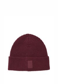 Berretto lavorato a maglia color bordeaux con texture a coste e orlo ripiegato. Presenta una piccola etichetta rettangolare con logo sulla parte anteriore.