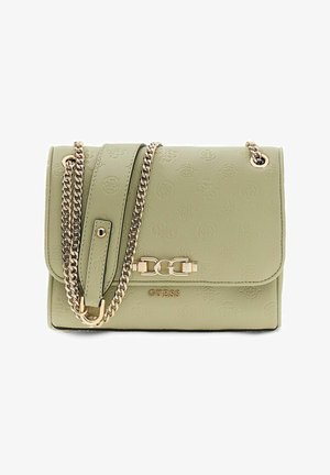 Light green leather Guess handbag with embossed logo pattern, gold chain strap, and decorative gold clasp on front flap.
