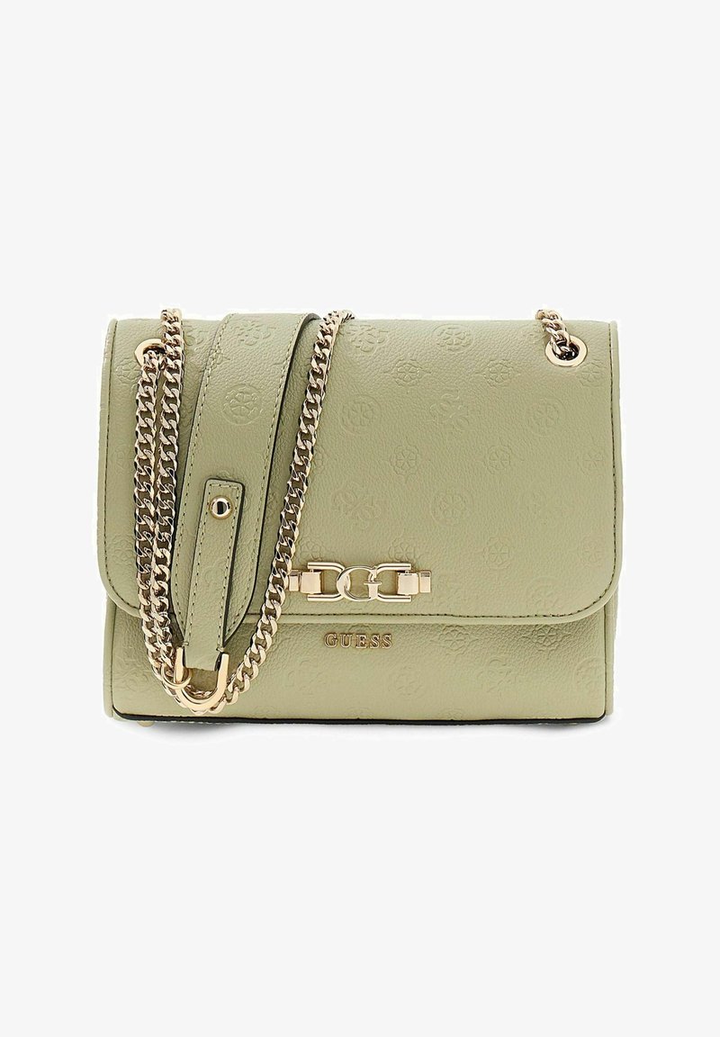 Φωτεινή πράσινη δερμάτινη τσάντα χειρός Guess με ανάγλυφο μοτίβο λογότυπου, χρυσή αλυσίδα λουρί και διακοσμητικό χρυσό κούμπωμα στο μπροστινό καπάκι.