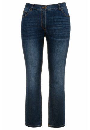Donkerblauwe denim jeans met een rechte pijp, voorzien van een knoopsluiting, vijf zakken en contrasterende oranje stiksels.