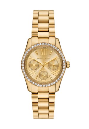 Orologio Michael Kors dorato con ghiera tempestata di cristalli, tre quadranti ausiliari che mostrano giorno, data e ora formato 24 ore, e bracciale metallico a maglie.