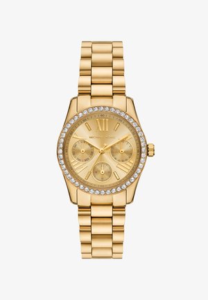 Orologio Michael Kors dorato con ghiera tempestata di cristalli, tre quadranti ausiliari che mostrano giorno, data e ora formato 24 ore, e bracciale metallico a maglie.