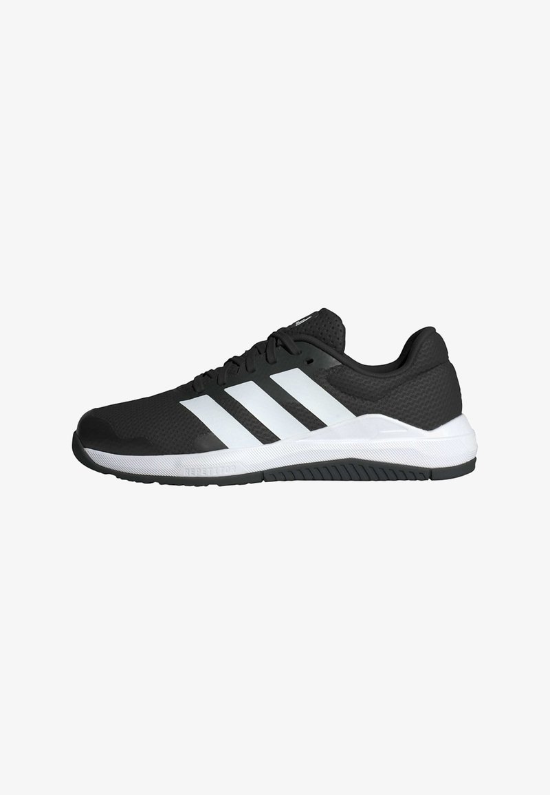 Black athletic shoe with white three-stripe design, mesh upper, textured accents, cushioned sole, and rubber outsole for traction.