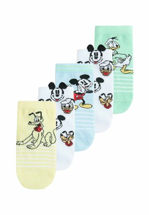 Cinq chaussettes colorées pour enfants avec les personnages Disney Pluto, Mickey Mouse, Donald Duck et Dingo sur fond rayé.