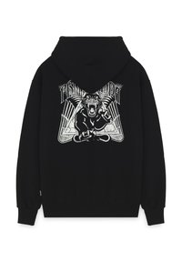 Felpa nera con cappuccio caratterizzata da una grande grafica argentata che raffigura un leone ruggente con accenti alati sul retro. Materiale morbido, vestibilità comoda.