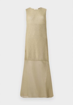 Sleeveless long dress in light olive green with vertical ribbed texture at the top and a smooth, lighter fabric for the skirt section.