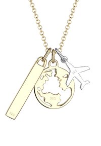 Guld- og sølvhalskæde med globus- og flycharms. Globus har et udskæringsdesign; stangmærket er glat med "925" indgravering.