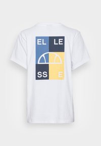 T-shirt en coton blanc avec un design graphique au dos comportant des carrés bleus, bleu foncé et jaunes ainsi que des éléments en courbe.