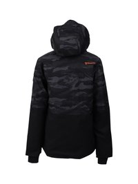 Schwarze Kapuzenjacke mit dunkelgrauem Camouflage-Muster auf dem oberen Rücken und orangefarbigem "Brunotti"-Logo auf der rechten Schulter.